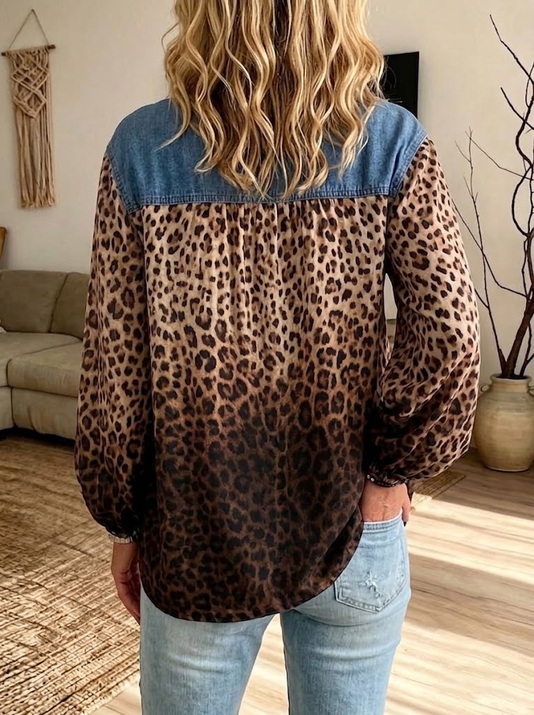 Vintage Denim Patchwork Leopard Print Henley Blouse