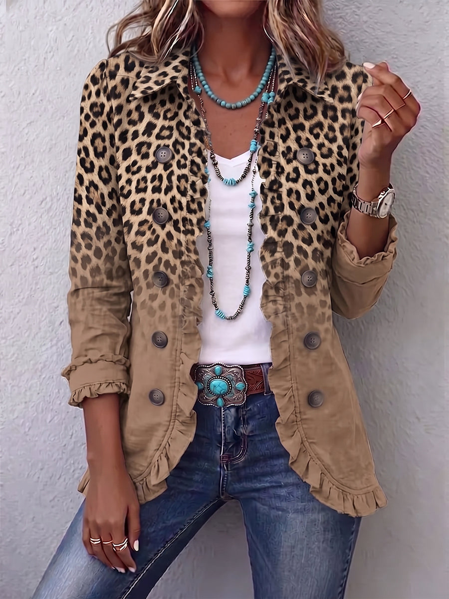 Vintage Leopard Gradient Print Linen Blend Ruffle Jacket