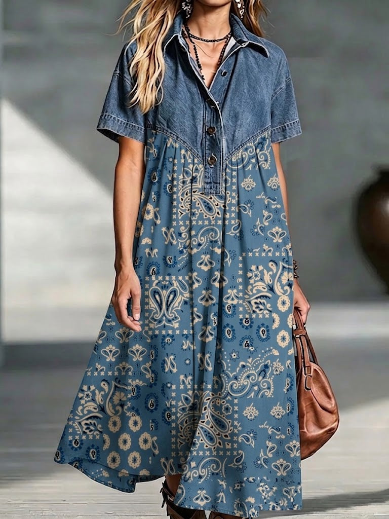 Casual Paisley-print Paneled Denim Dress