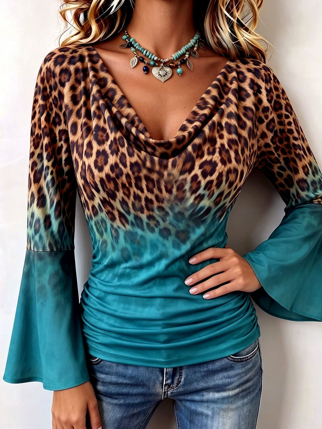 Chic Leopard & Teal Cowl Neck Top