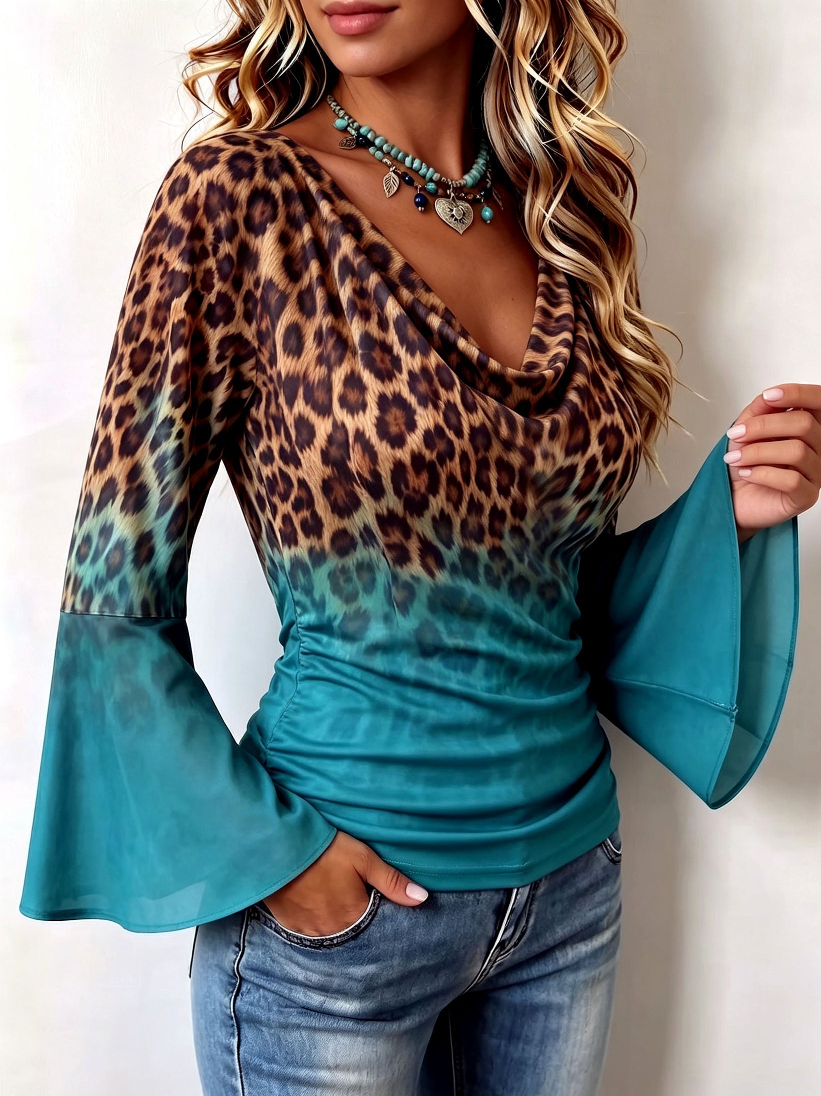 Chic Leopard & Teal Cowl Neck Top