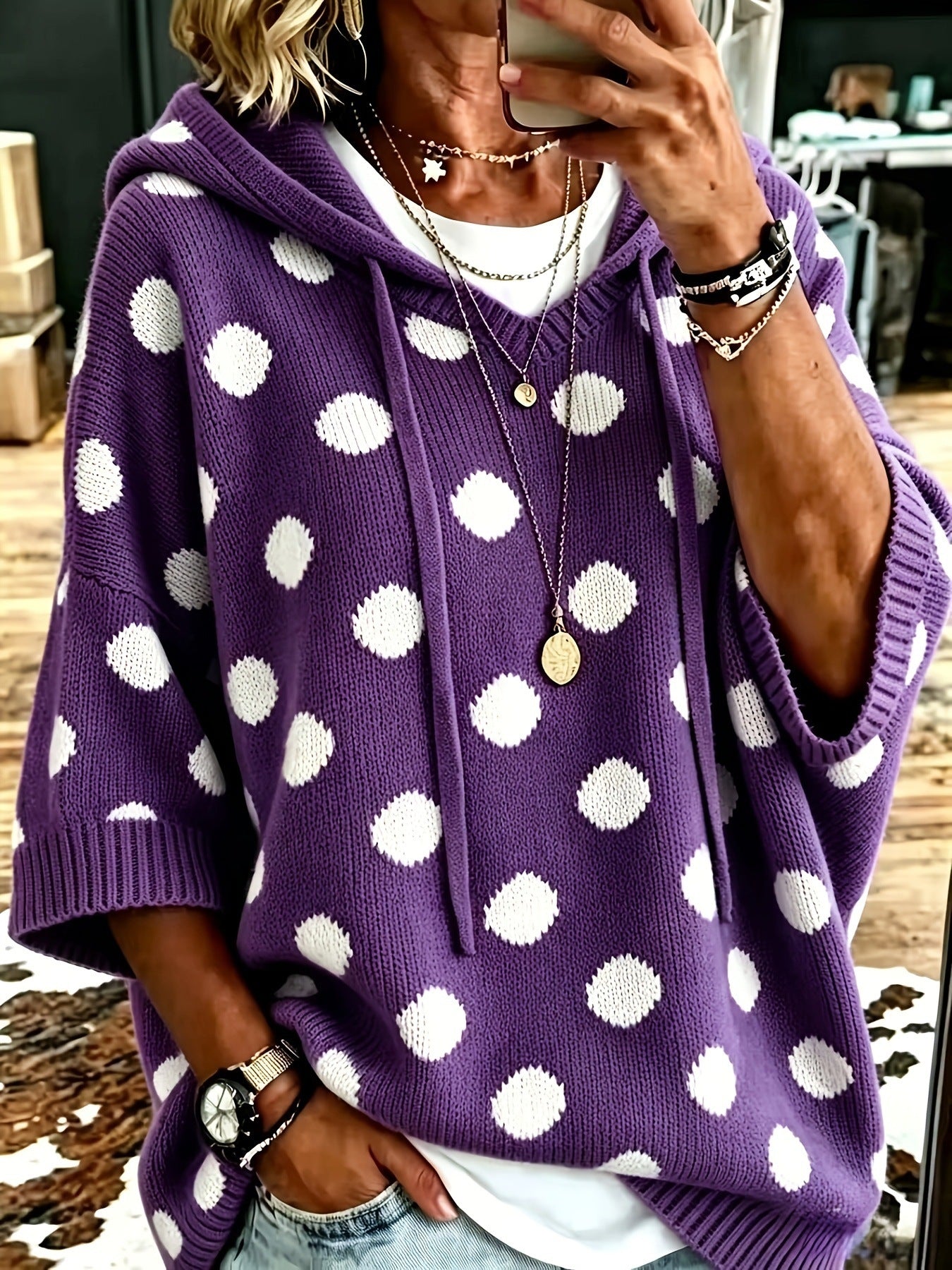 Casual Hooded Polka-dot Knit Pullover