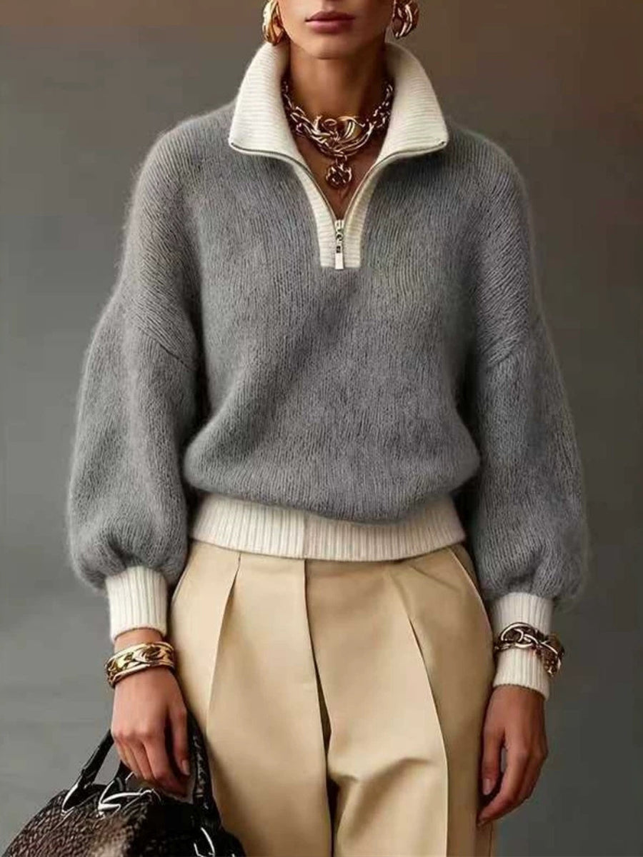 Chic Lavender Contrast-Trim Half-Zip Sweater