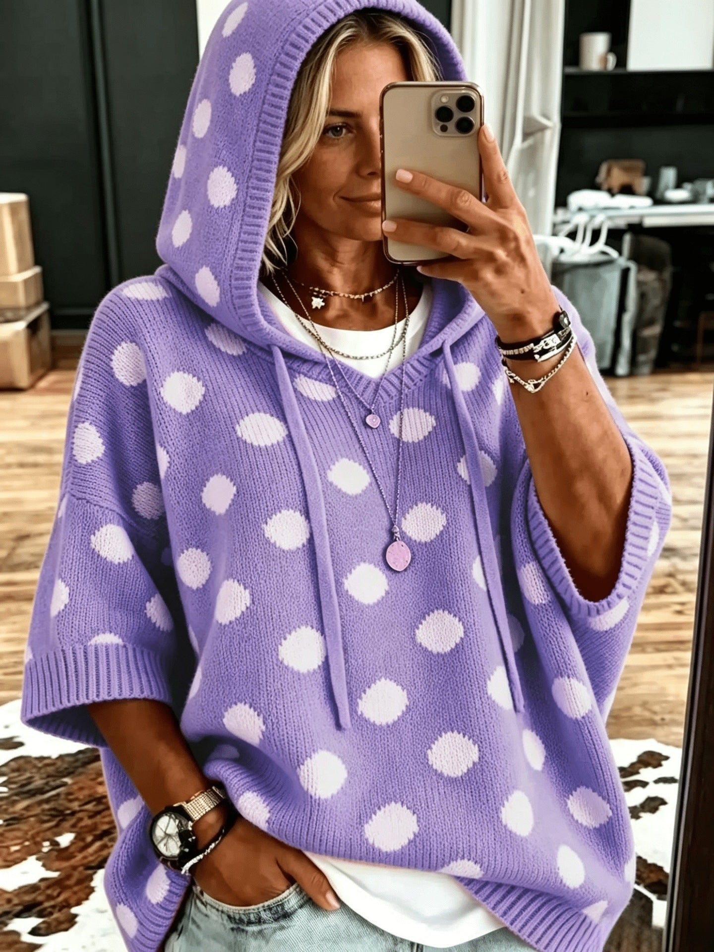 Casual Hooded Polka-dot Knit Pullover
