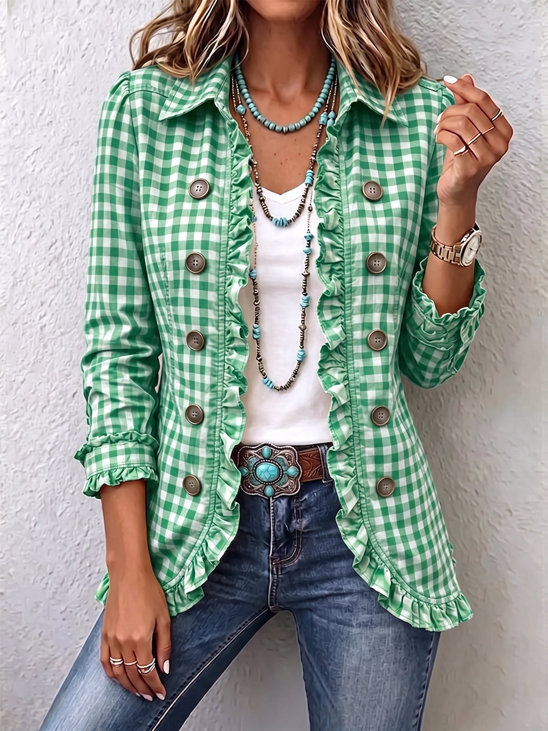 Chic Green Gingham Ruffled Button-Down Jacket