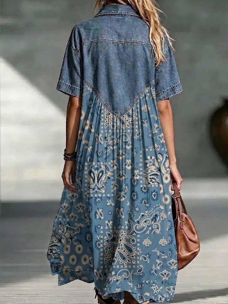 Casual Paisley-print Paneled Denim Dress
