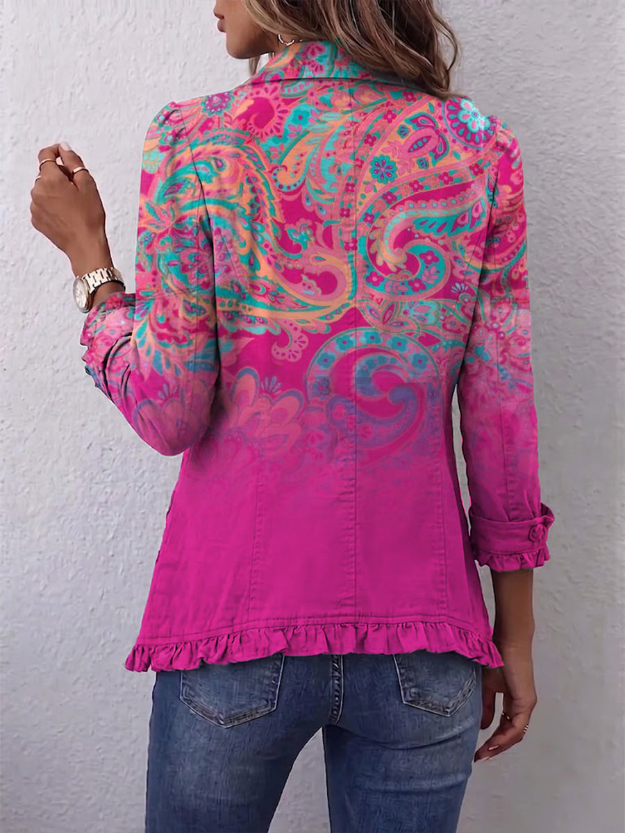 Paisley Gradient Print Linen-cotton Ruffled Jacket