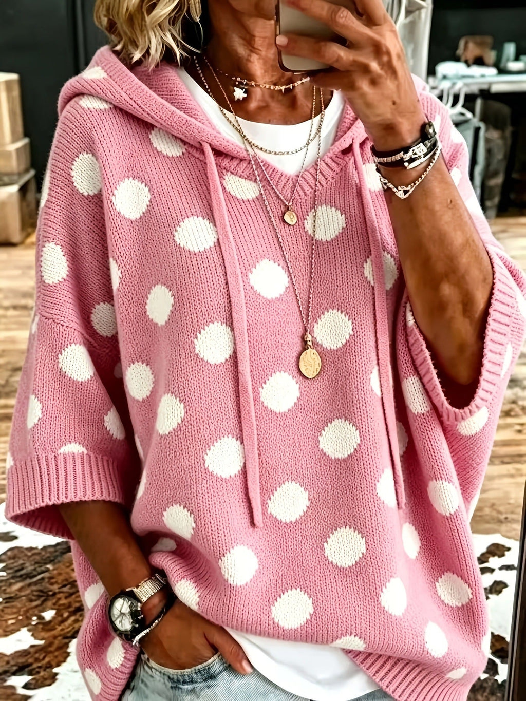 Casual Hooded Polka-dot Knit Pullover