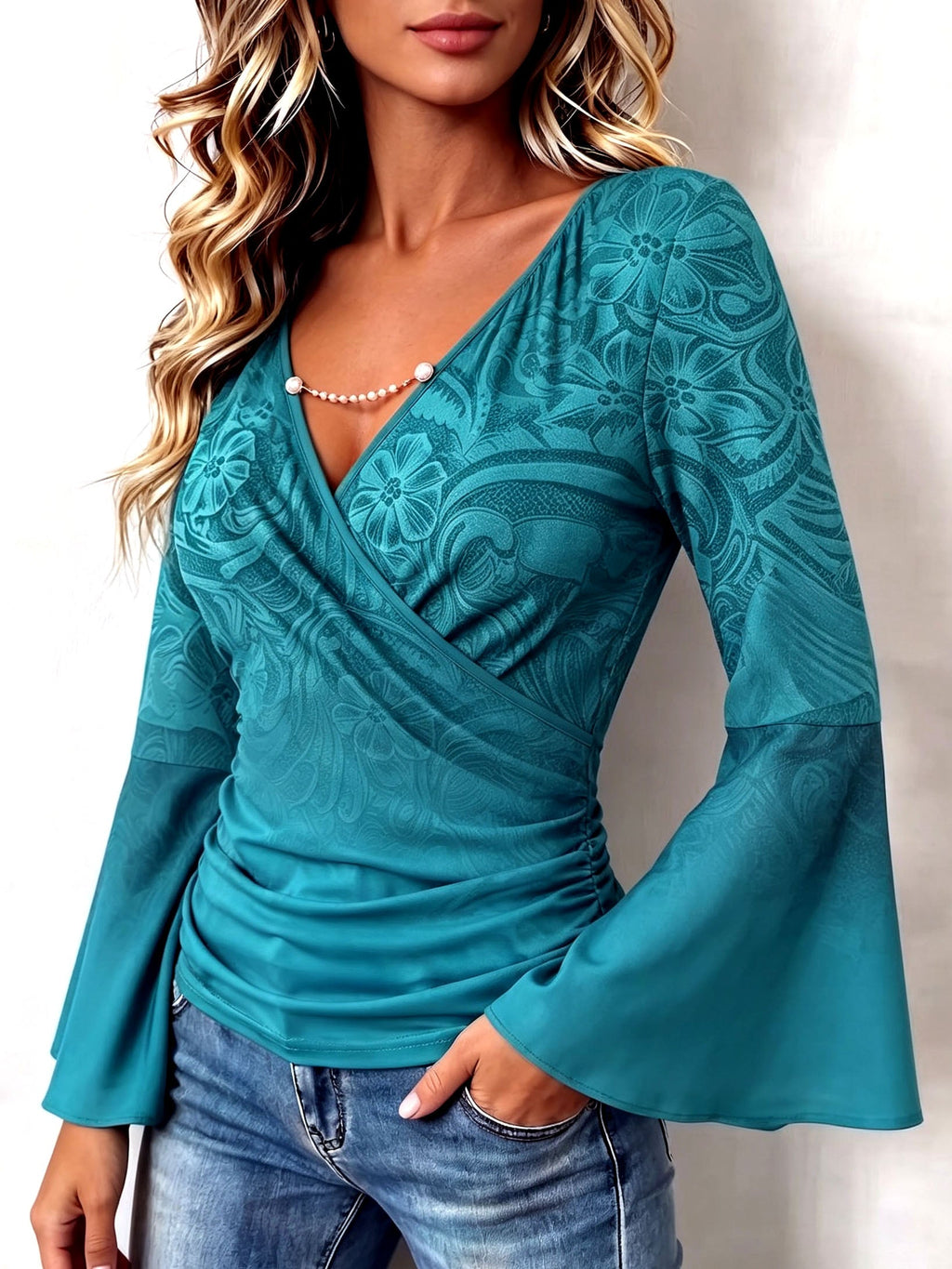 Boho Floral Print V-neck Flared Sleeve Stretch Blouse