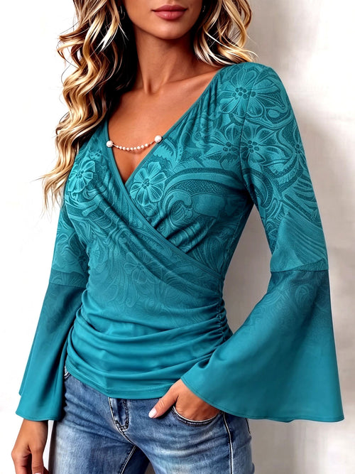 Boho Floral Print V-neck Flared Sleeve Stretch Blouse