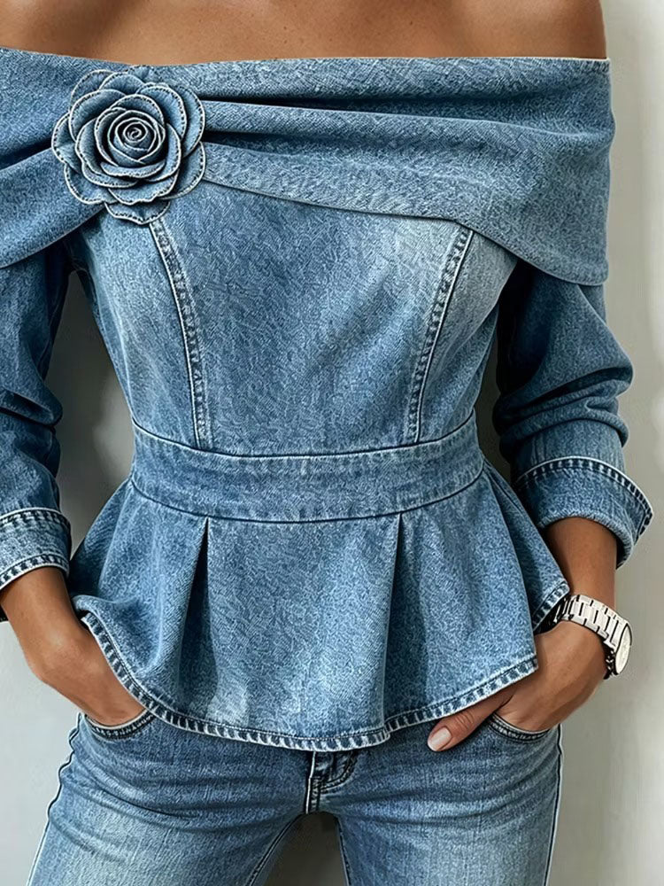 Chic Off-shoulder Denim Peplum Top