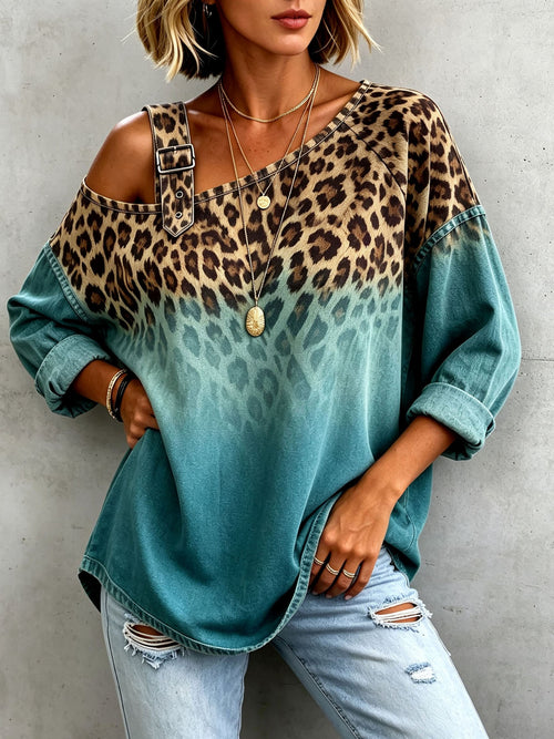 Boho Casual Leopard Ombre Casual Denim Top
