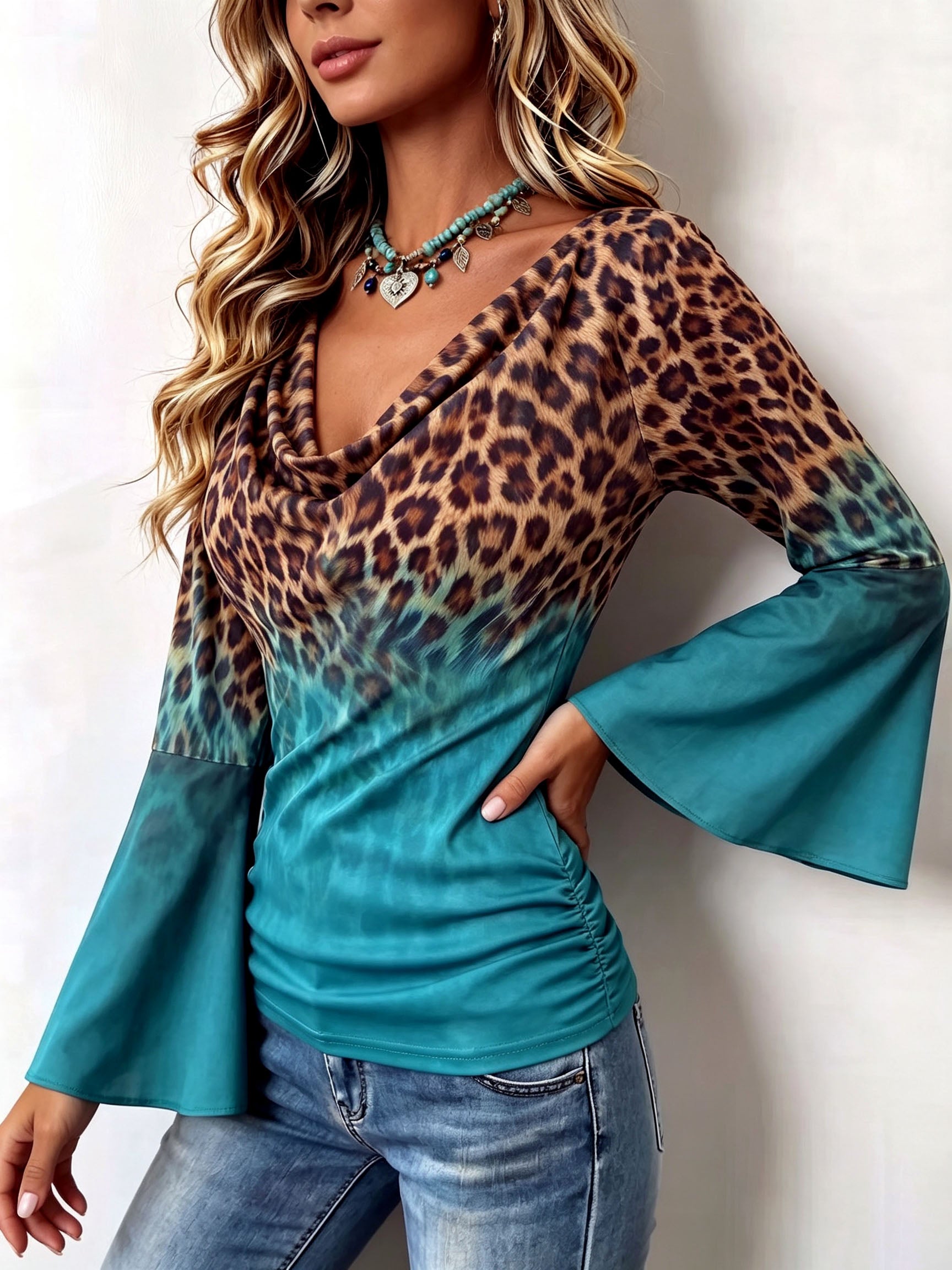 Chic Leopard & Teal Cowl Neck Top