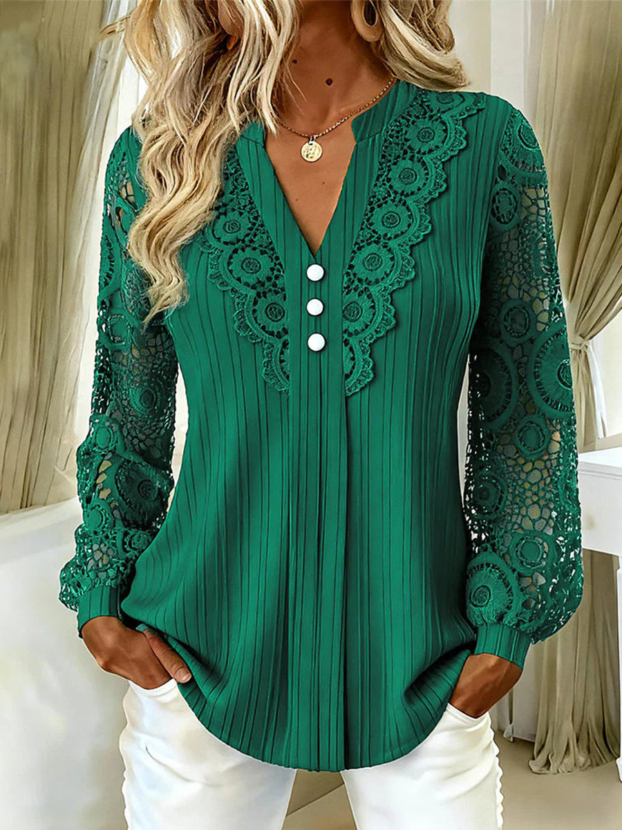 Romantic Mixed-Media Lace Blouse – Button-Front V-Neck & Sheer Crochet Sleeves