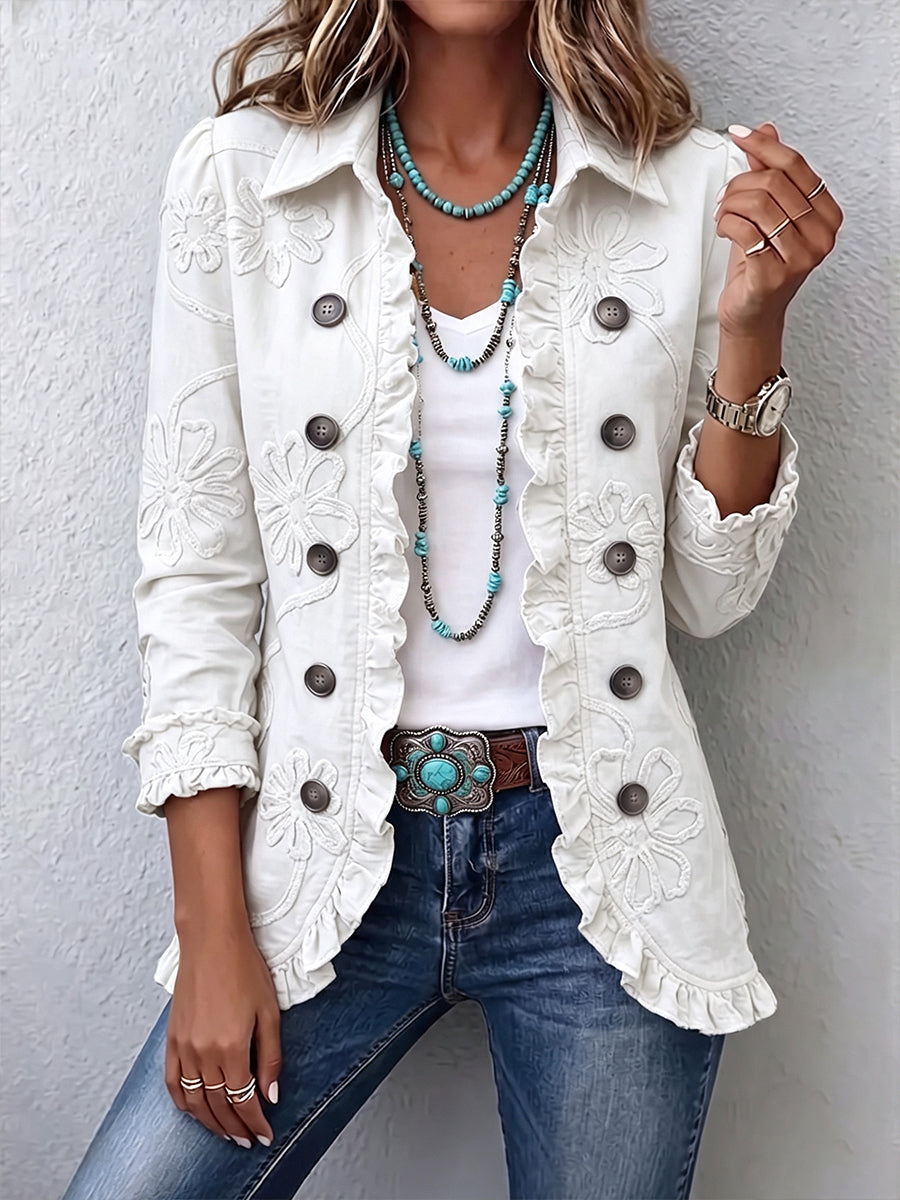 Boho-chic Floral Embroidered Utility Ruffled Trim Jacket