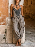 Women's V-neck Sleeveless Wide-leg Jumpsuit — Casual, Loose-fit Cotton-linen Blend With Placement Print
