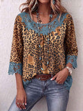 Women's Leopard Print Crew Neck 3/4 Sleeve Casual Loose Lace Patchwork Top