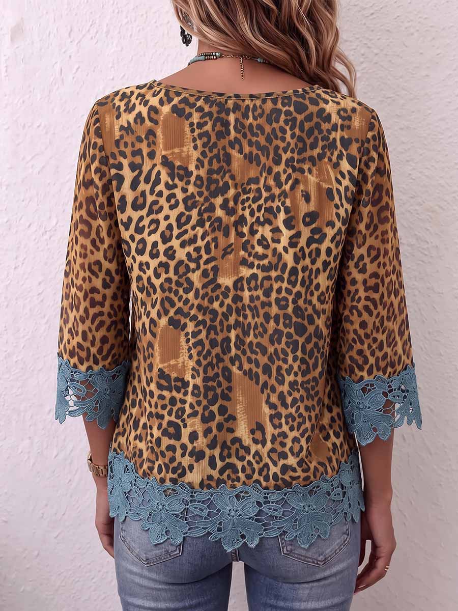 Women's Leopard Print Crew Neck 3/4 Sleeve Casual Loose Lace Patchwork Top