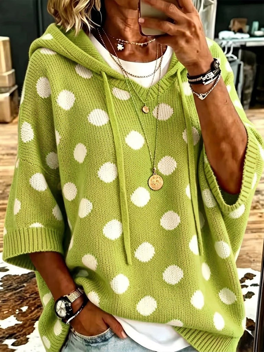 Casual Hooded Polka-dot Knit Pullover