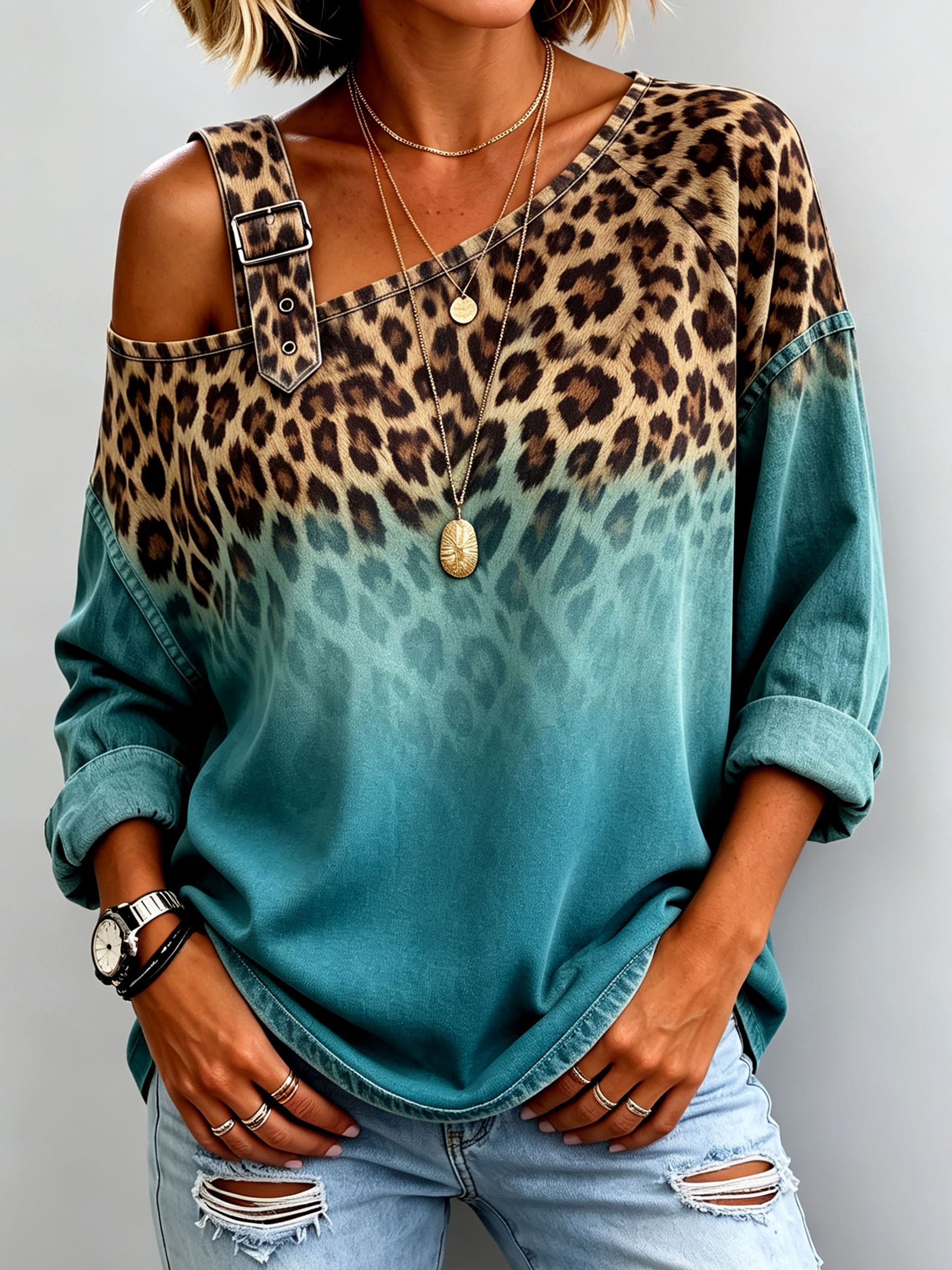 Boho Casual Leopard Ombre Casual Denim Top