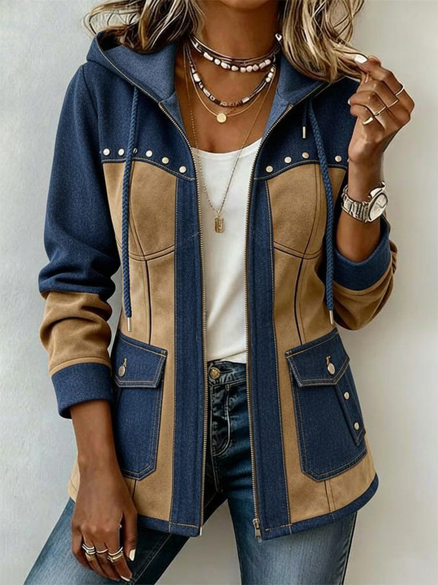 Chic Denim Patchwork Suede Hooded Jacket