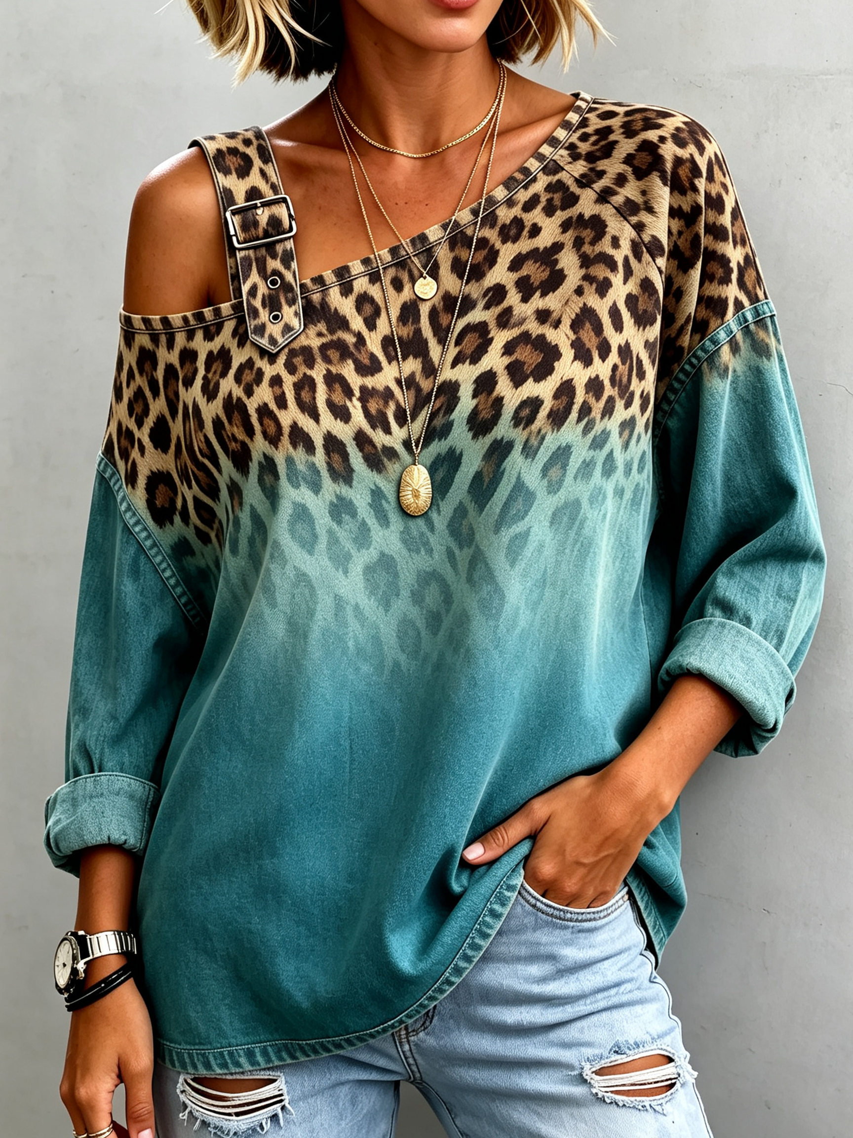 Boho Casual Leopard Ombre Casual Denim Top