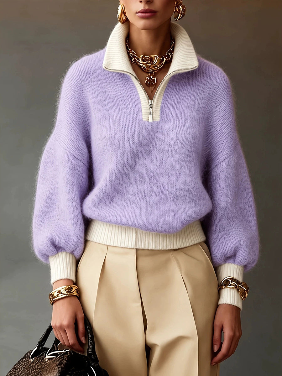 Chic Lavender Contrast-Trim Half-Zip Sweater