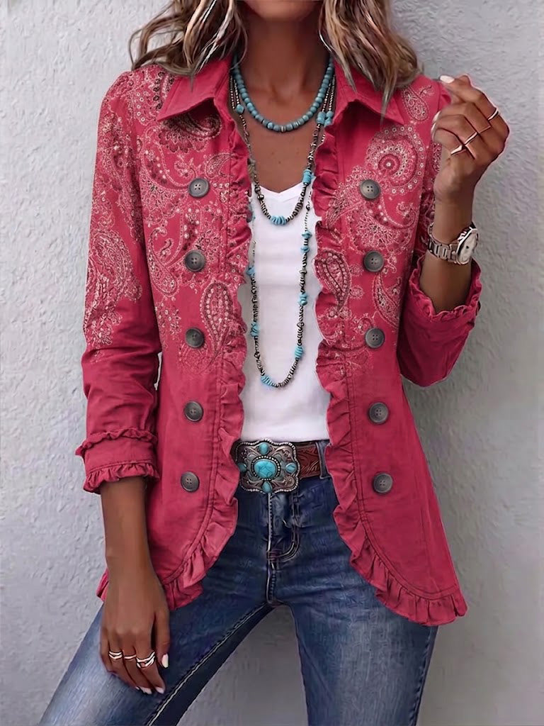 Boho-style Vintage Paisley Print Ruffled Jacket