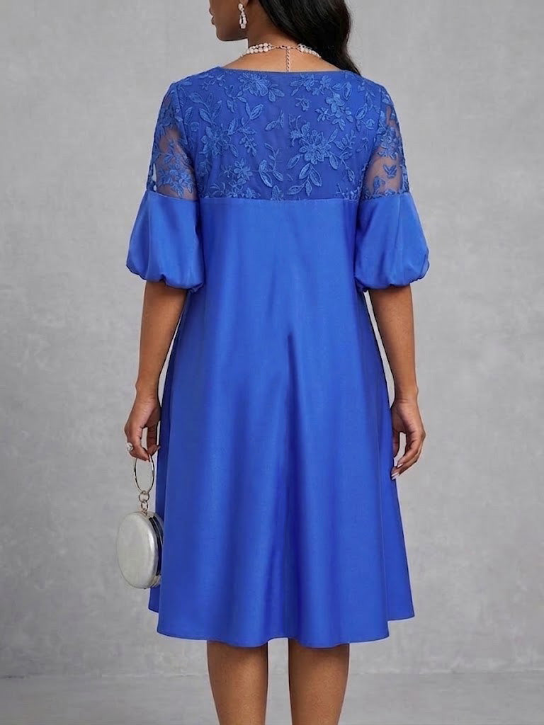 Elegant Yet Casual Solid-color Dress Featuring Embroidery, Paneling, A Round Neck, And Lantern Sleeves.