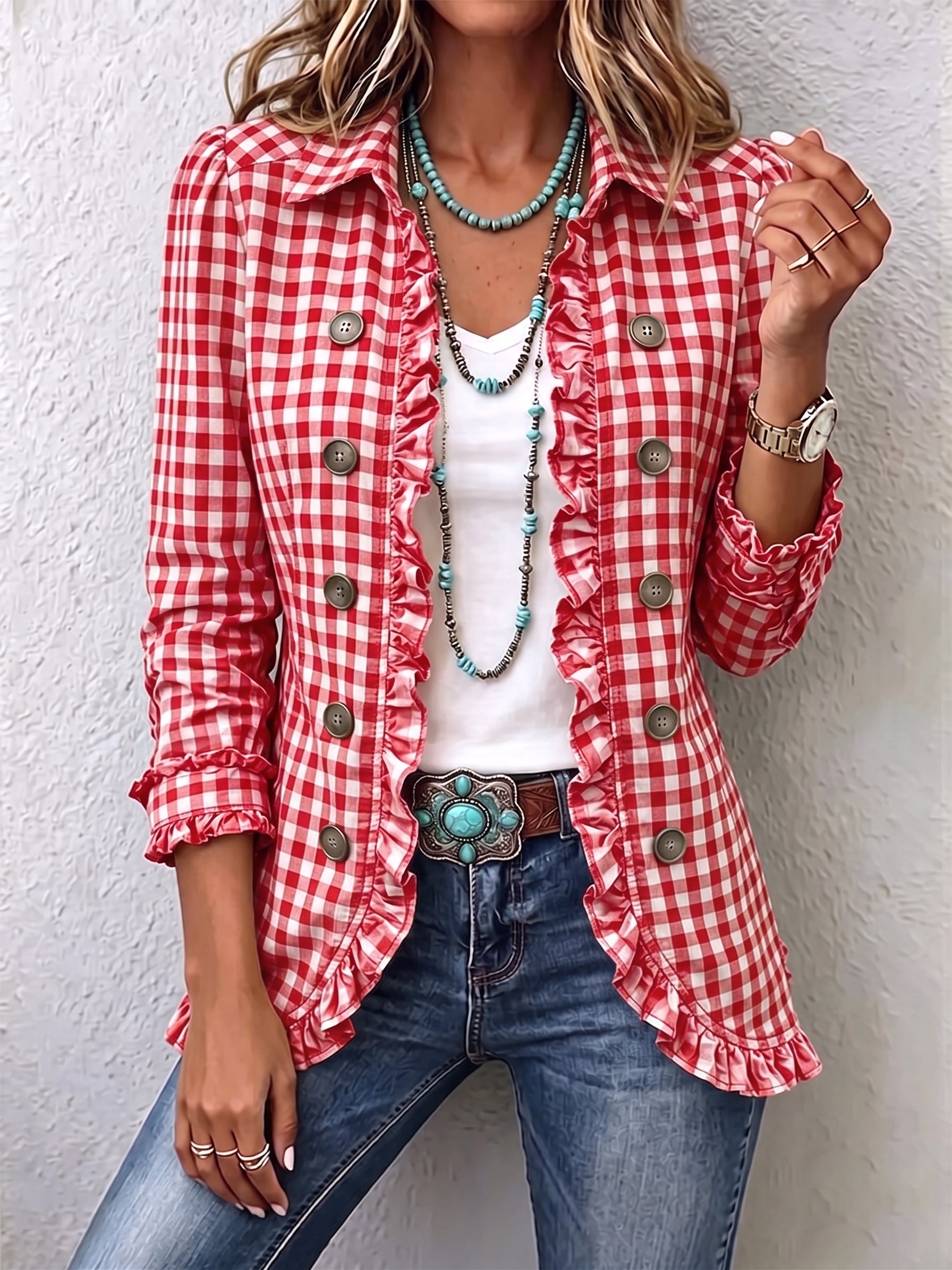 Chic Green Gingham Ruffled Button-Down Jacket