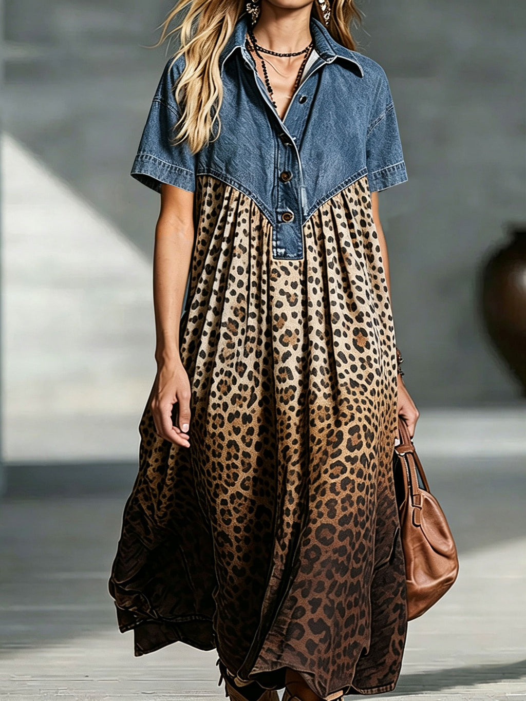 Women’s Denim Spliced Gradient Leopard Print Shirt Midi Dress