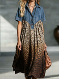 Women’s Denim Spliced Gradient Leopard Print Shirt Midi Dress