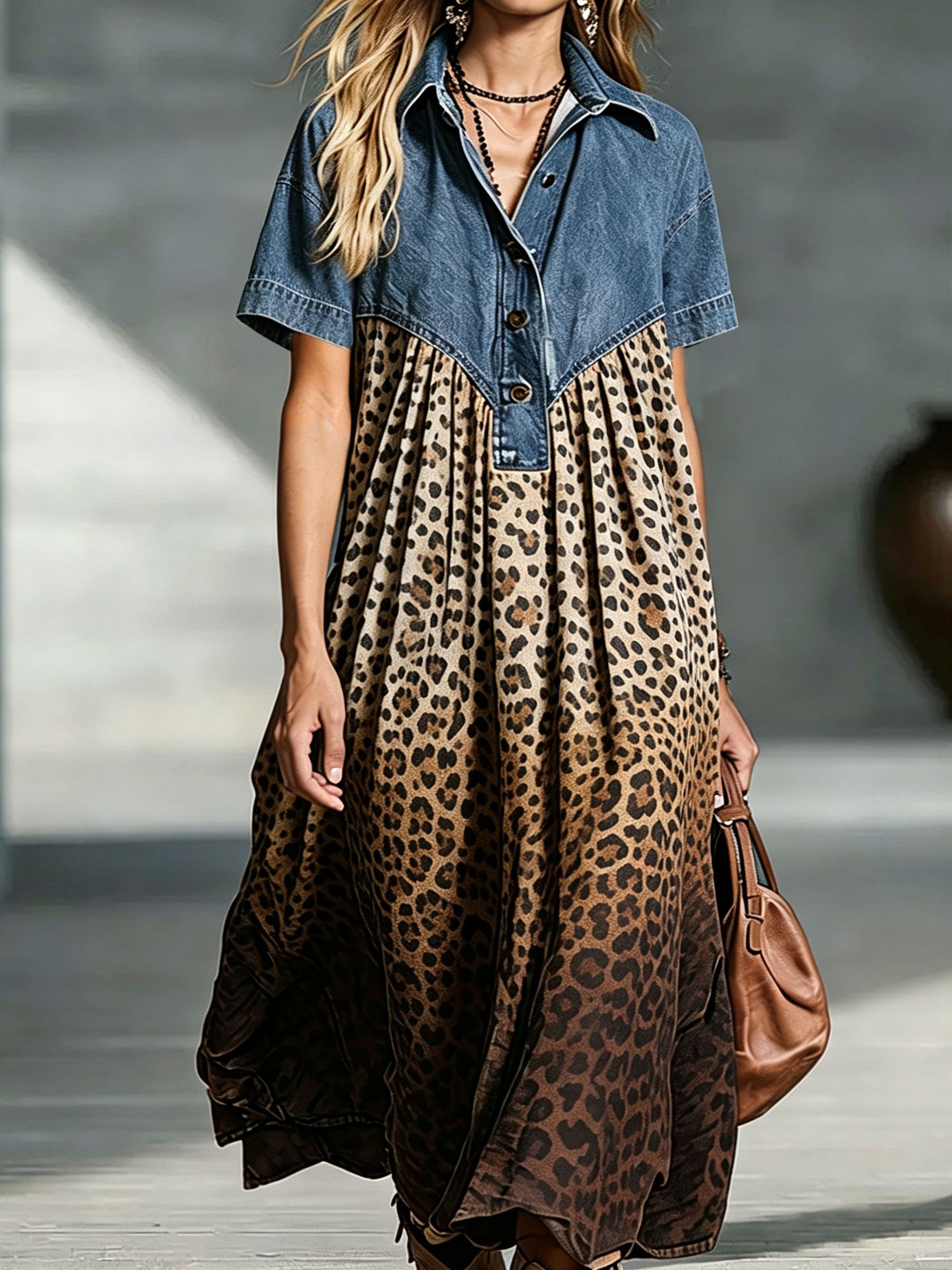 Women’s Denim Spliced Gradient Leopard Print Shirt Midi Dress