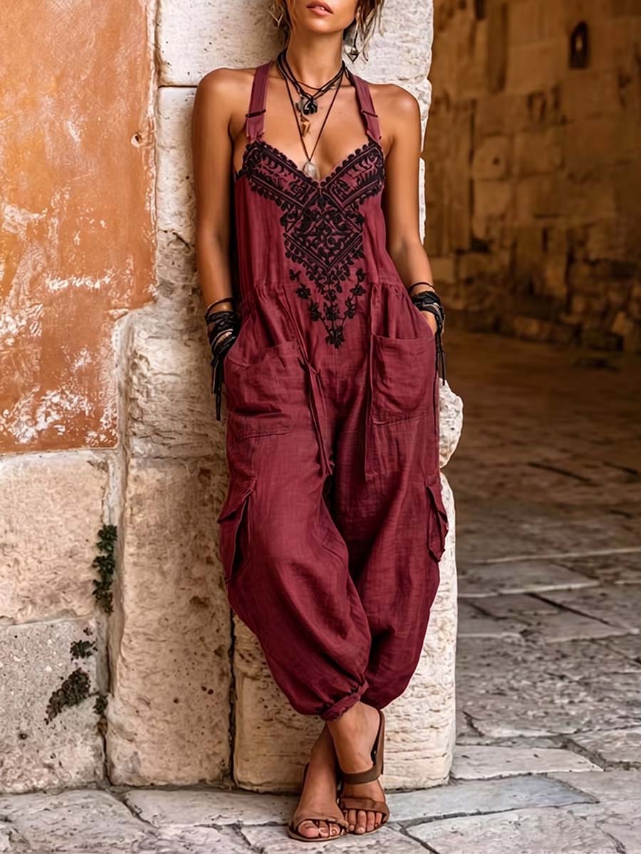 Women's V-neck Sleeveless Wide-leg Jumpsuit — Casual, Loose-fit Cotton-linen Blend With Placement Print