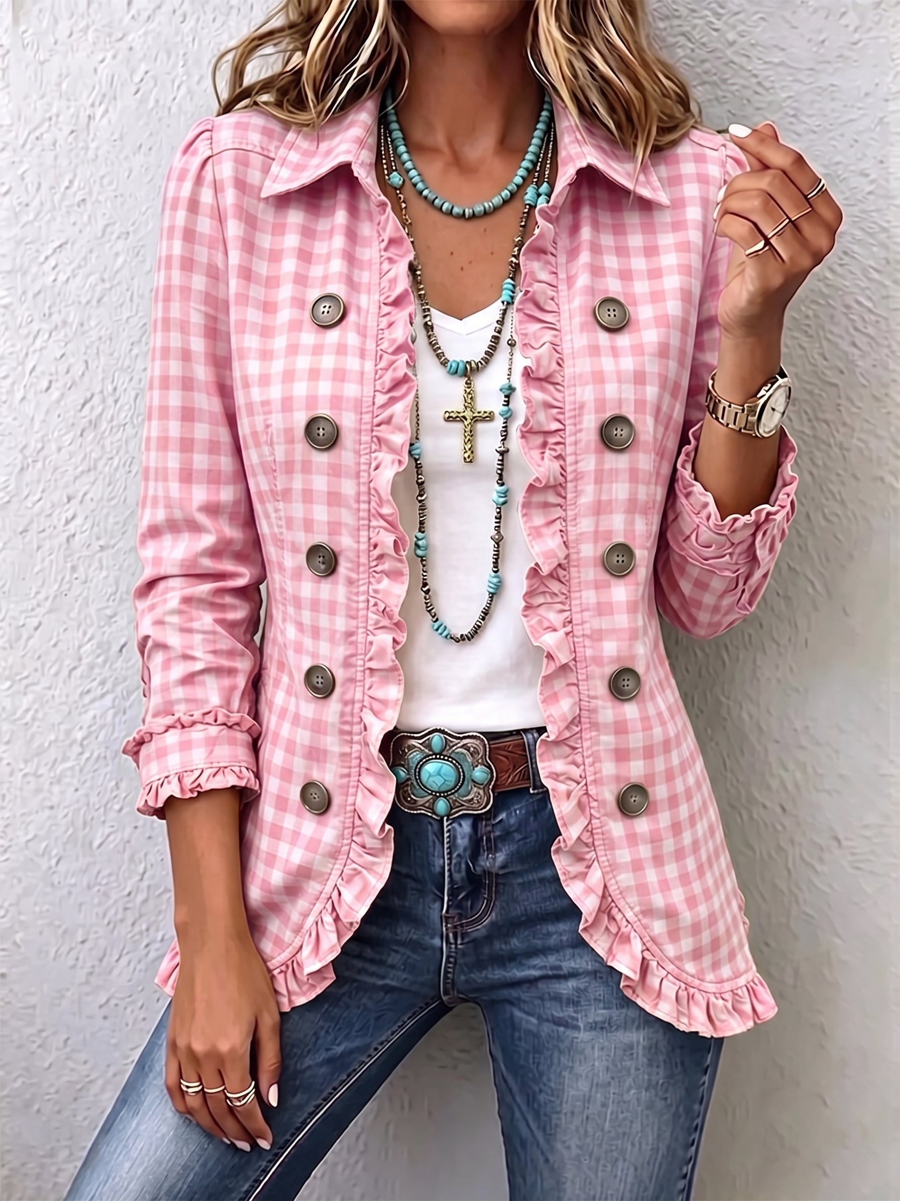 Chic Green Gingham Ruffled Button-Down Jacket