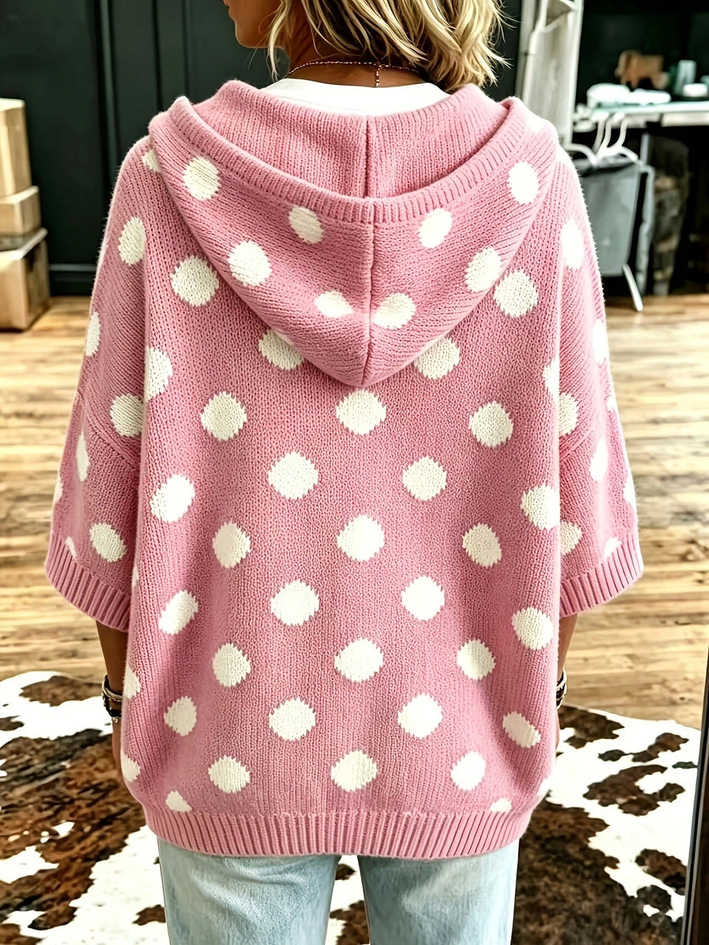 Casual Hooded Polka-dot Knit Pullover