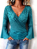 Boho Floral Print V-neck Flared Sleeve Stretch Blouse
