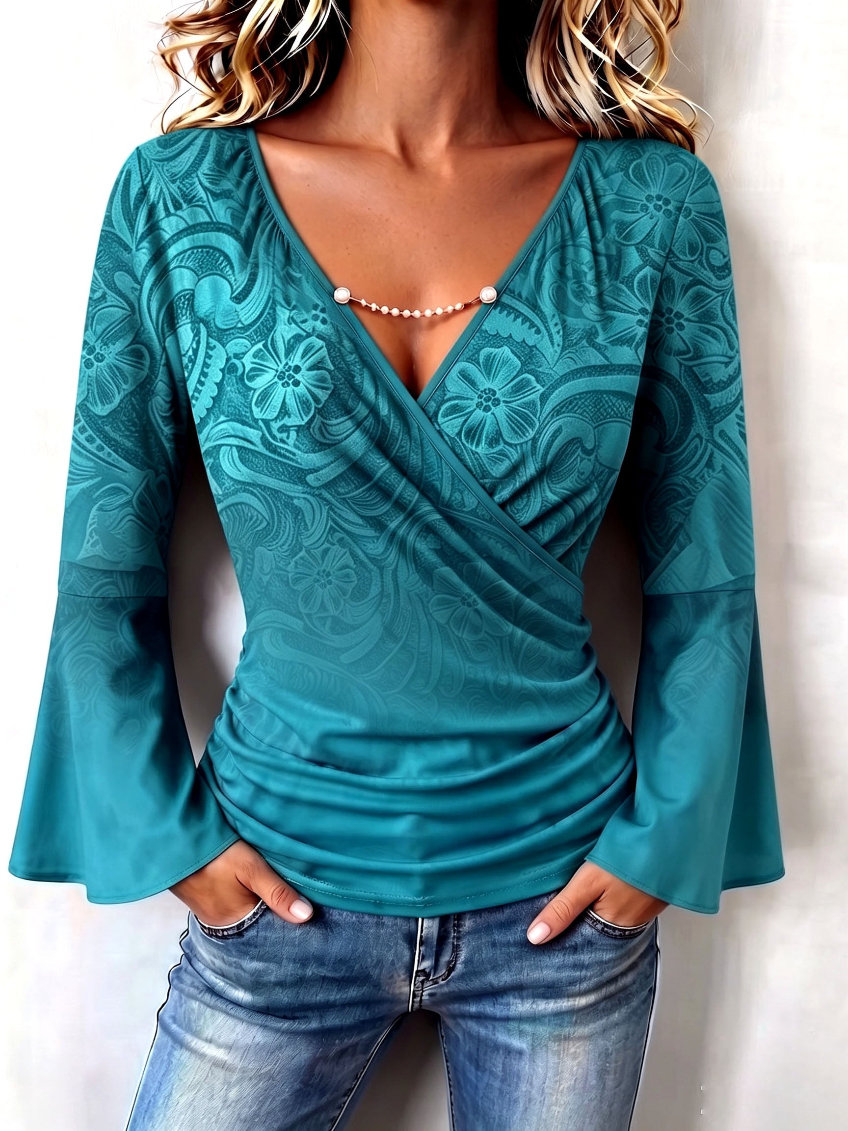 Boho Floral Print V-neck Flared Sleeve Stretch Blouse