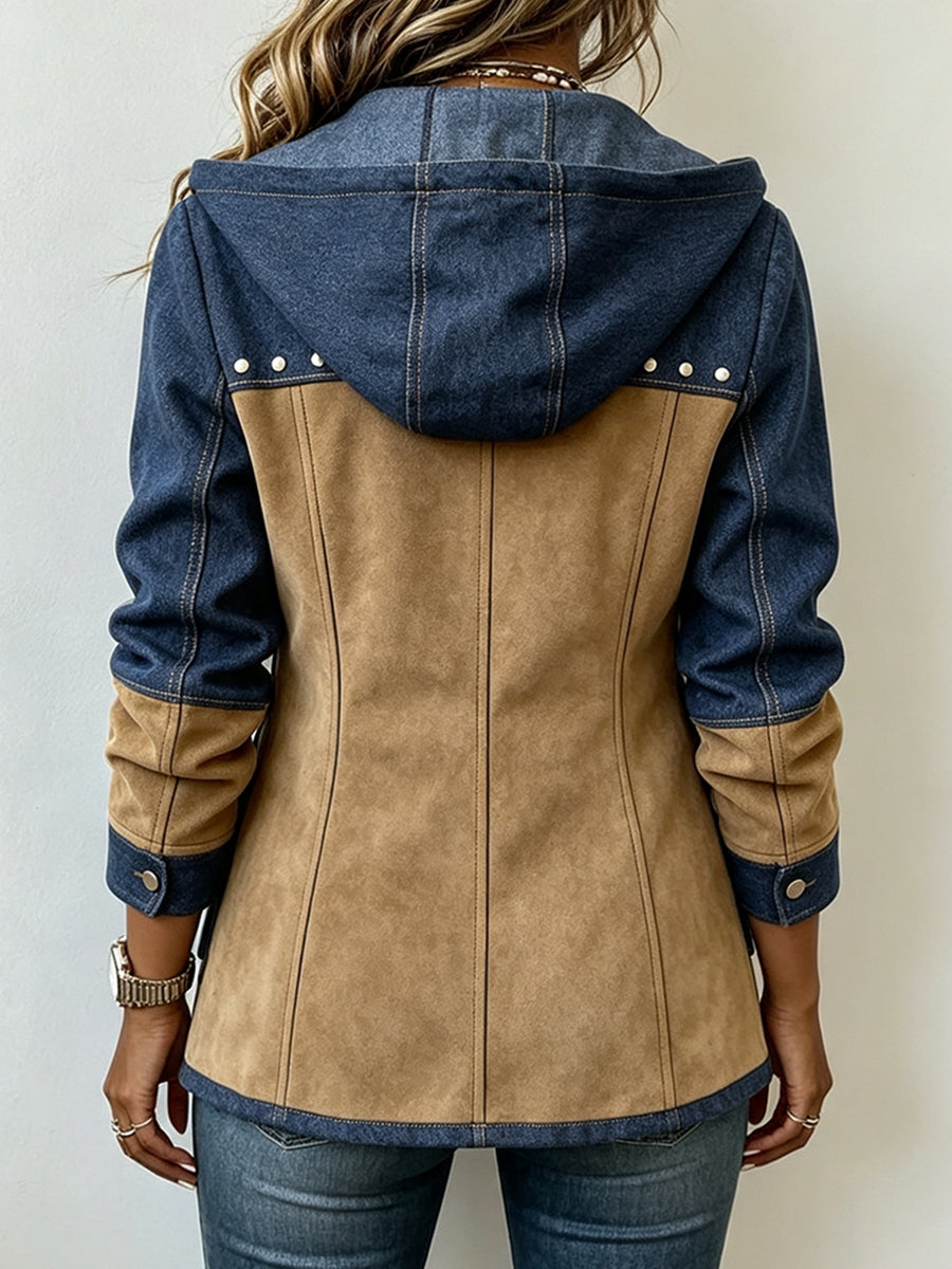 Chic Denim Patchwork Suede Hooded Jacket