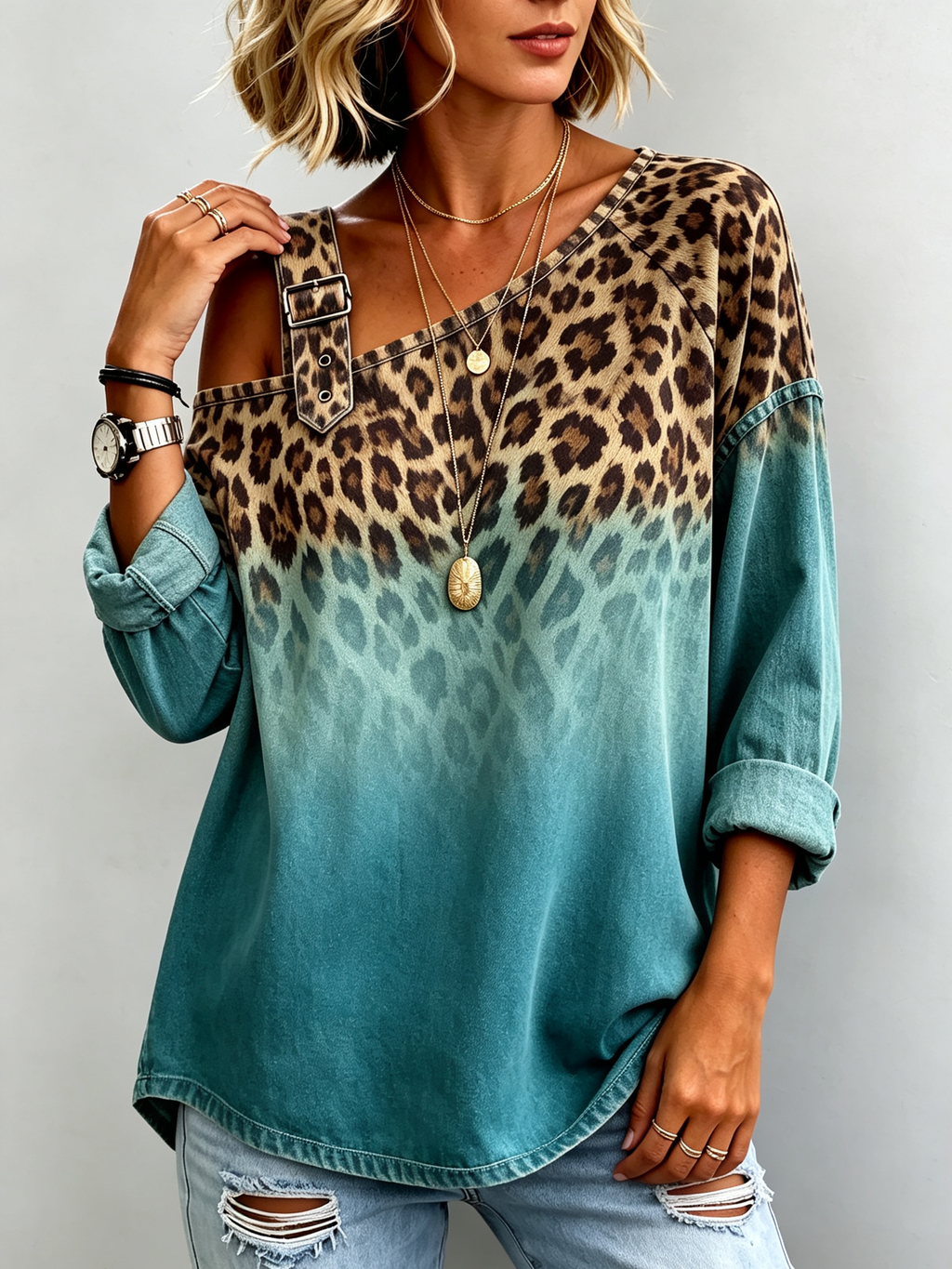 Boho Casual Leopard Ombre Casual Denim Top